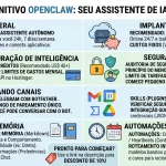 Aqui está um infográfico abrangente que resume os principais pontos abordados no guia do OpenClaw. A imagem está organizada em oito seções claras, cada uma correspondendo a um passo fundamental para configurar e gerenciar seu assistente de IA: Visão Geral: Explica o conceito básico do OpenClaw. Implantação & Custos: Detalha a escolha do servidor VPS e a estrutura de preços. Configuração de Inteligência: Orienta sobre como lidar com créditos de API e chaves. Segurança Essencial: Apresenta regras cruciais para proteger seus dados e o bot. Conectando Canais: Mostra como parear o bot com o Telegram de forma segura. Habilidades: Explica o funcionamento de skills e a integração com o Google Cloud. Workspace & Memória: Define os três principais arquivos Markdown que moldam o bot. Automações & Roteamento: Ilustra as tarefas agendadas e a otimização de custos de IA. Espero que este resumo visual ajude a esclarecer o processo e a planejar sua própria configuração!